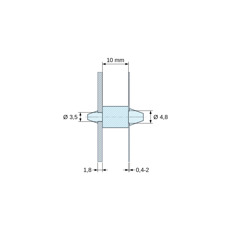 Disegno quotato 10 mm, Supporto PCB a doppio innesto, Poliammide PA6.6, naturale, UL94-V2, PCB Ø3,5/1,8 mm / CH Ø4,8/0,4–2 mm