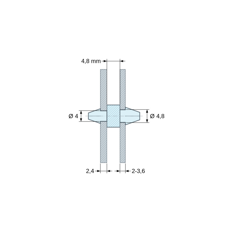 Disegno quotato 4,8 mm, Supporto PCB a doppio innesto, Poliammide PA6.6, naturale, UL94-V2, PCB Ø4/2,4 mm / CH Ø4,8/2–3,6 mm