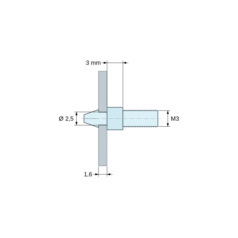 Disegno quotato 3 mm, Supporto per circuito stampato a scatto, filettato M3, nylon PA6.6 nero UL94-HB, foro Ø2,5 mm, circuito 1,6 mm