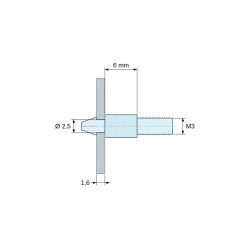 Disegno quotato 6 mm, Supporto per circuito stampato a scatto, filettato M3, nylon PA6.6 nero UL94-HB, foro Ø2,5 mm, circuito 1,6 mm