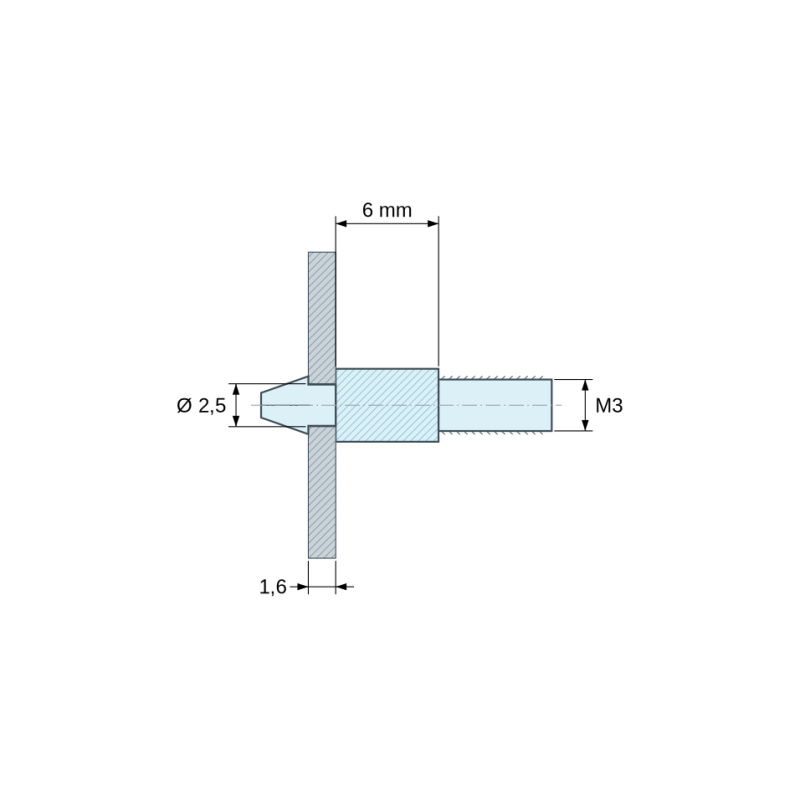 Disegno quotato 6 mm, Supporto per circuito stampato a scatto, filettato M3, nylon PA6.6 nero UL94-HB, foro Ø2,5 mm, circuito 1,6 mm