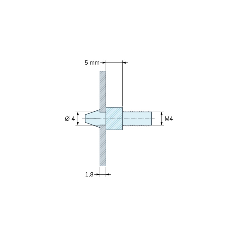 Disegno quotato 5 mm, Supporto per circuito stampato a scatto, filettato M4, nylon PA6.6 nero UL94-HB, foro Ø4 mm, circuito 1,8 mm