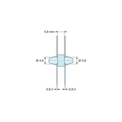 Disegno quotato 4,8 mm, Supporto PCB a doppio innesto, PA6.6 naturale, UL94-V2, foro PCB Ø4,8 mm, spessore PCB 0,8–2 mm