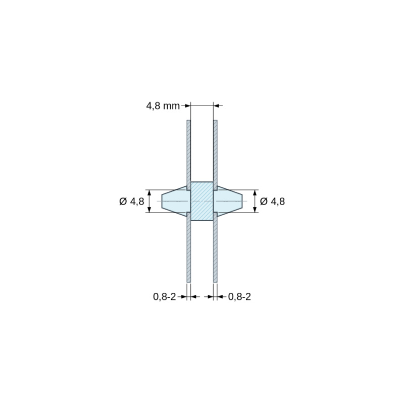 Disegno quotato 4,8 mm, Supporto PCB a doppio innesto, PA6.6 naturale, UL94-V2, foro PCB Ø4,8 mm, spessore PCB 0,8–2 mm