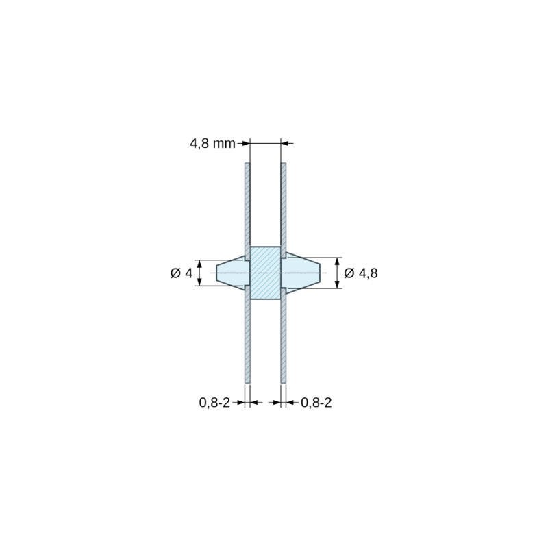 Disegno quotato 4,8 mm, Supporto PCB a doppio innesto, Poliammide PA6.6, naturale, UL94-V2, PCB Ø4/0,8–2 mm / CH Ø4,8/0,8–2 mm