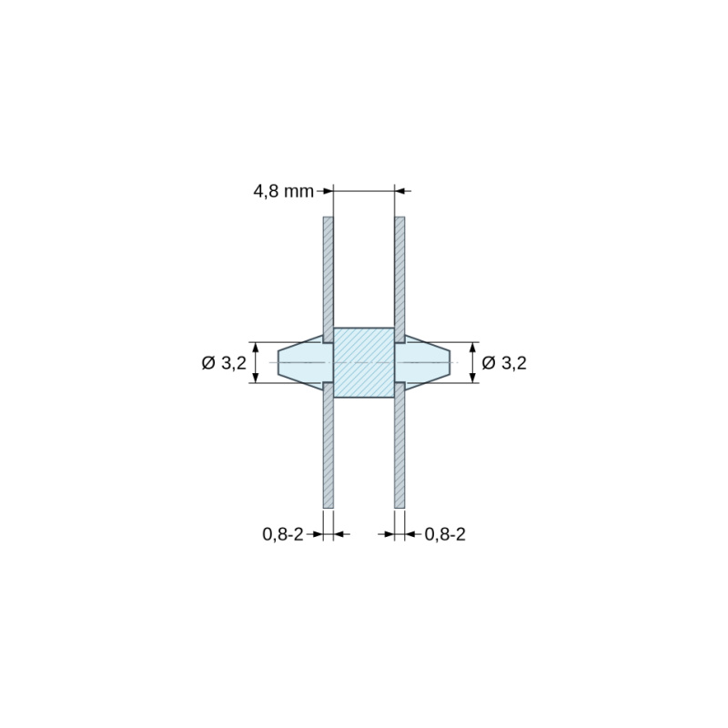 Disegno quotato 4,8 mm, Supporto PCB a doppio innesto, PA6.6 naturale, UL94-V2, foro PCB Ø3,2 mm, spessore PCB 0,8–2 mm