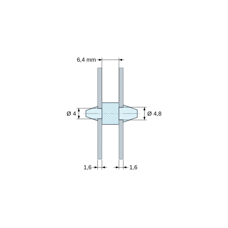 Disegno quotato 6,4 mm, Supporto PCB a doppio innesto, Poliammide PA6.6, naturale, UL94-V2, PCB Ø4/1,6 mm / CH Ø4,8/1,6 mm