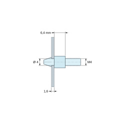 Disegno quotato 6,4 mm, Supporto per circuito stampato a scatto, filettato M4, nylon PA6.6 naturale UL94-V2, foro Ø4 mm, circuito 1,6 mm