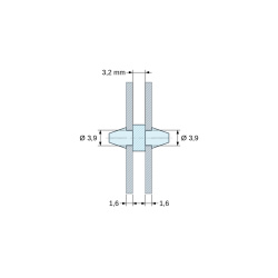 Disegno quotato 3,2 mm, Supporto PCB a doppio innesto, PA6.6 naturale, UL94-V2, foro PCB Ø3,9 mm, spessore PCB 1,6 mm