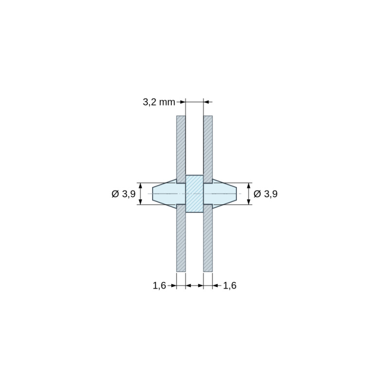 Disegno quotato 3,2 mm, Supporto PCB a doppio innesto, PA6.6 naturale, UL94-V2, foro PCB Ø3,9 mm, spessore PCB 1,6 mm