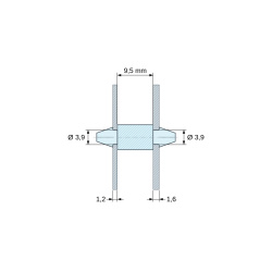 Disegno quotato 9,5 mm, Supporto PCB a doppio innesto, Poliammide PA6.6, naturale, UL94-V2, PCB Ø3,9/1,2 mm / CH Ø3,9/1,6 mm