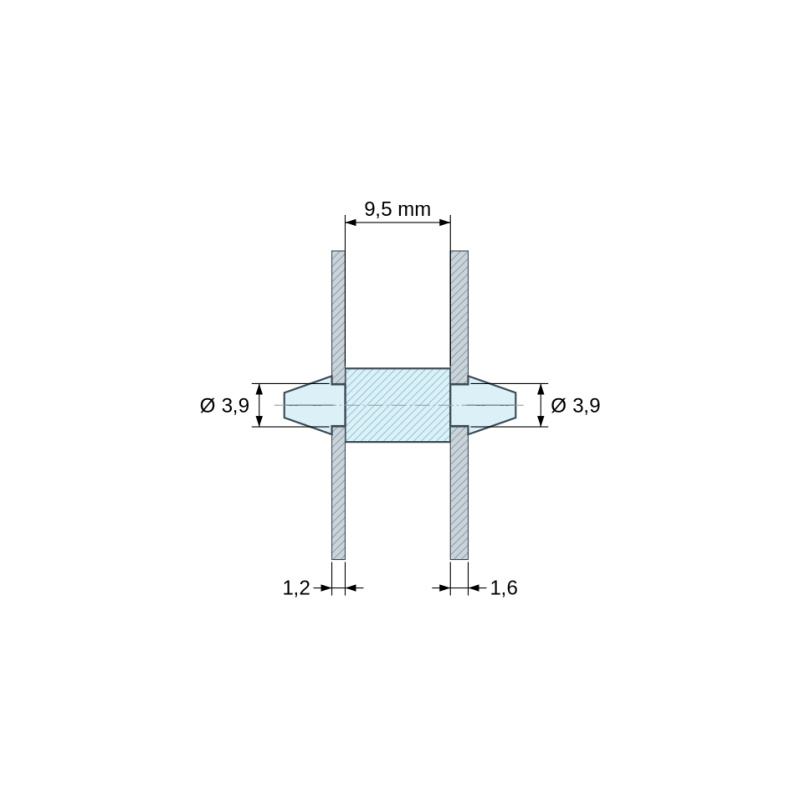 Disegno quotato 9,5 mm, Supporto PCB a doppio innesto, Poliammide PA6.6, naturale, UL94-V2, PCB Ø3,9/1,2 mm / CH Ø3,9/1,6 mm
