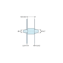 Disegno quotato 9,5 mm, Supporto PCB a doppio innesto, Poliammide PA6.6, naturale, UL94-V2, PCB Ø4/1,6 mm / CH Ø4,7/0,4–2 mm