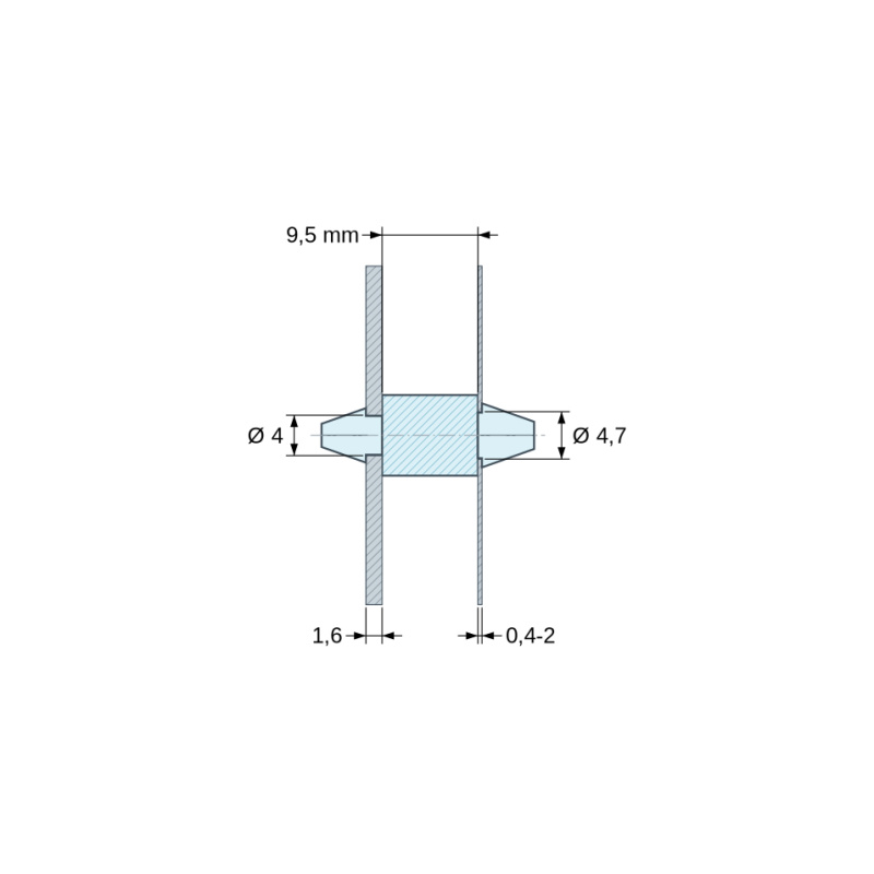 Disegno quotato 9,5 mm, Supporto PCB a doppio innesto, Poliammide PA6.6, naturale, UL94-V2, PCB Ø4/1,6 mm / CH Ø4,7/0,4–2 mm