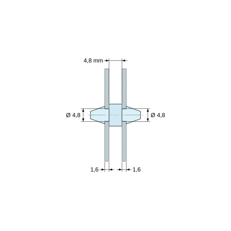 Disegno quotato 4,8 mm, Supporto PCB a doppio innesto, PA6.6 naturale, UL94-V2, foro PCB Ø4,8 mm, spessore PCB 1,6 mm