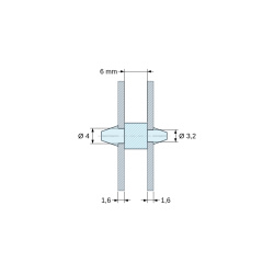 Disegno quotato 6 mm, Supporto PCB a doppio innesto, Poliammide PA6.6, nera, UL94-HB, PCB Ø4/1,6 mm / CH Ø3,2/1,6 mm