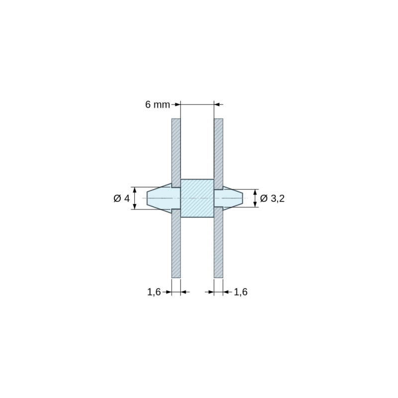 Disegno quotato 6 mm, Supporto PCB a doppio innesto, Poliammide PA6.6, nera, UL94-HB, PCB Ø4/1,6 mm / CH Ø3,2/1,6 mm