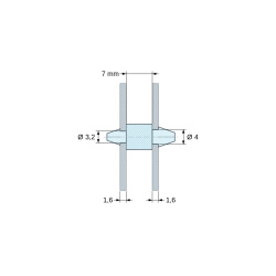 Disegno quotato 7 mm, Supporto PCB a doppio innesto, Poliammide PA6.6, nera, UL94-HB, PCB Ø3,2/1,6 mm / CH Ø4/1,6 mm