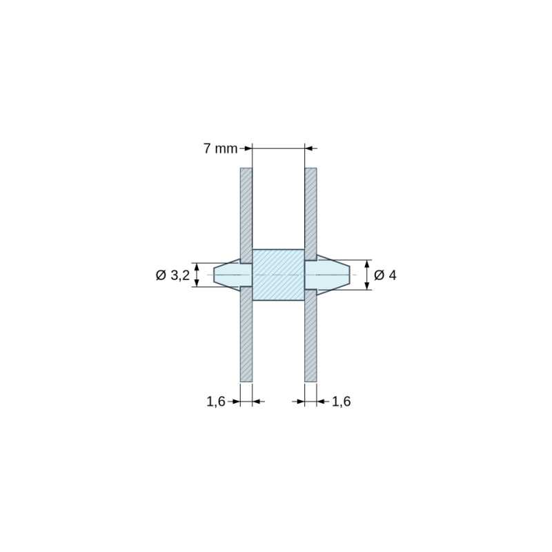 Disegno quotato 7 mm, Supporto PCB a doppio innesto, Poliammide PA6.6, nera, UL94-HB, PCB Ø3,2/1,6 mm / CH Ø4/1,6 mm