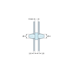 Disegno quotato 3 mm, Supporto PCB a doppio innesto, PA6.6 nero, UL94-HB, foro PCB Ø4 mm, spessore PCB 1,6 mm