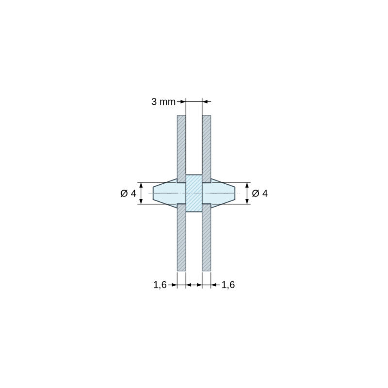 Disegno quotato 3 mm, Supporto PCB a doppio innesto, PA6.6 nero, UL94-HB, foro PCB Ø4 mm, spessore PCB 1,6 mm