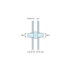 Disegno quotato 4 mm, Supporto PCB a doppio innesto, PA6.6 nero, UL94-HB, foro PCB Ø4 mm, spessore PCB 1,6 mm