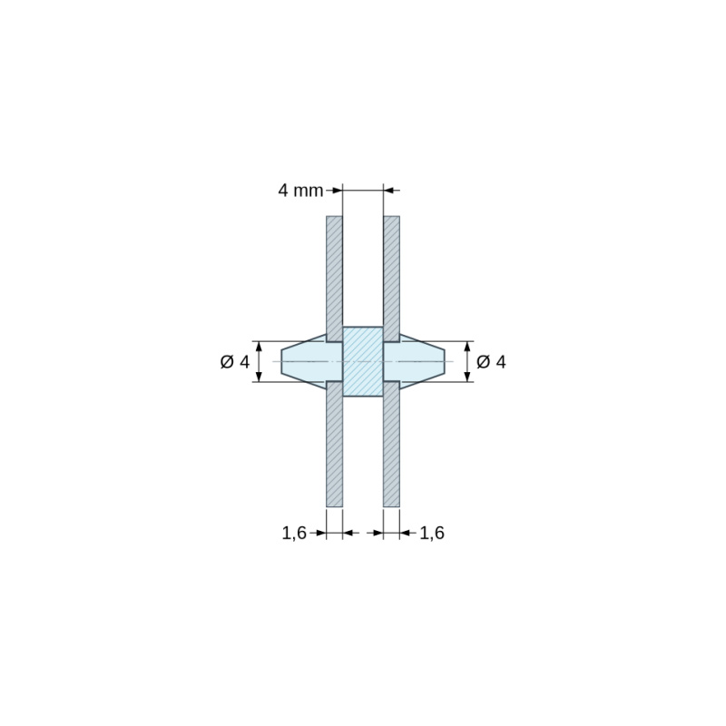 Disegno quotato 4 mm, Supporto PCB a doppio innesto, PA6.6 nero, UL94-HB, foro PCB Ø4 mm, spessore PCB 1,6 mm