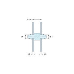 Disegno quotato 6 mm, Supporto PCB a doppio innesto, PA6.6 nero, UL94-HB, foro PCB Ø4 mm, spessore PCB 1,6 mm
