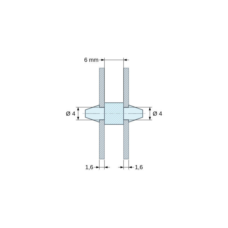 Disegno quotato 6 mm, Supporto PCB a doppio innesto, PA6.6 nero, UL94-HB, foro PCB Ø4 mm, spessore PCB 1,6 mm