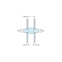 Disegno quotato 7 mm, Supporto PCB a doppio innesto, PA6.6 nero, UL94-HB, foro PCB Ø4 mm, spessore PCB 1,6 mm