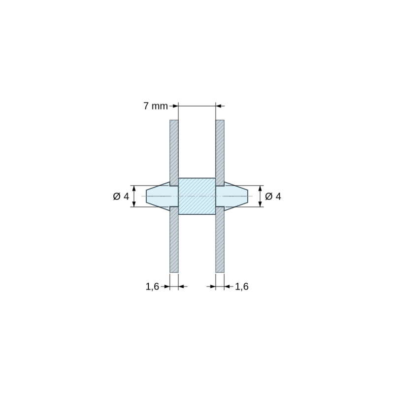 Disegno quotato 7 mm, Supporto PCB a doppio innesto, PA6.6 nero, UL94-HB, foro PCB Ø4 mm, spessore PCB 1,6 mm