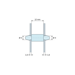 Disegno quotato 12 mm, Supporto PCB a doppio innesto, PA6.6 nero, UL94-HB, foro PCB Ø4 mm, spessore PCB 1,6 mm