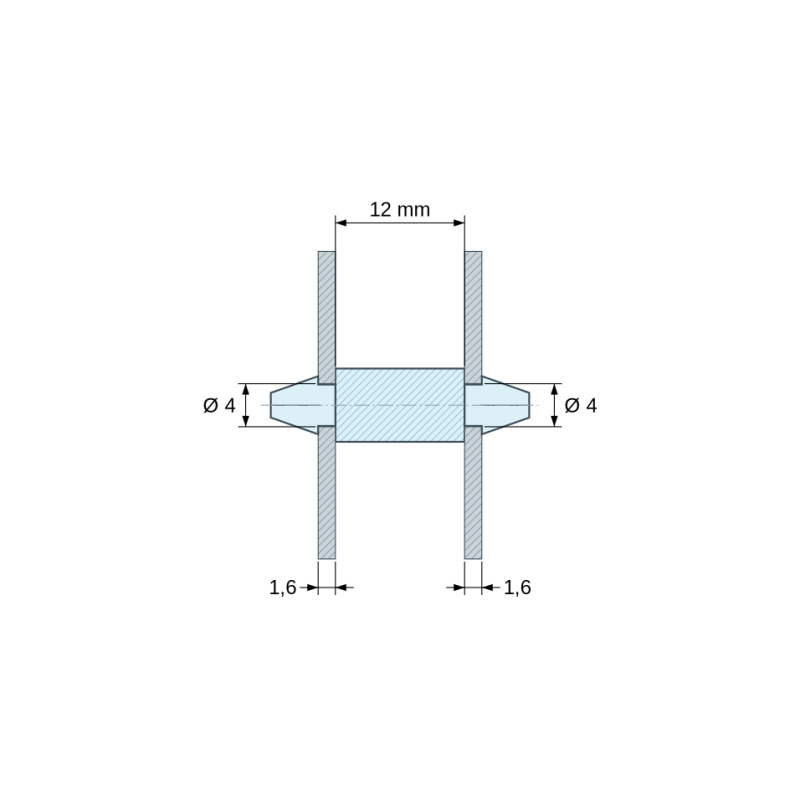 Disegno quotato 12 mm, Supporto PCB a doppio innesto, PA6.6 nero, UL94-HB, foro PCB Ø4 mm, spessore PCB 1,6 mm