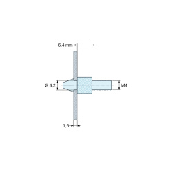 Disegno quotato 6,4 mm, Supporto per circuito stampato a scatto, filettato M4, nylon PA6.6 naturale UL94-V2, foro Ø4,2 mm, circuito 1,6 mm