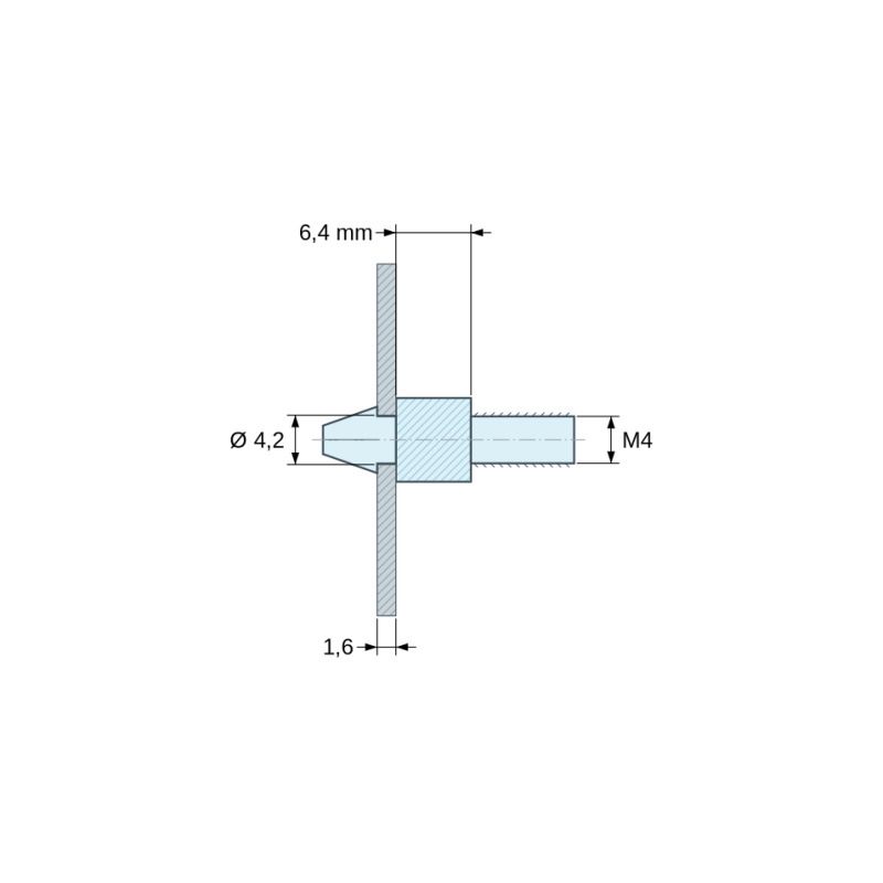 Disegno quotato 6,4 mm, Supporto per circuito stampato a scatto, filettato M4, nylon PA6.6 naturale UL94-V2, foro Ø4,2 mm, circuito 1,6 mm