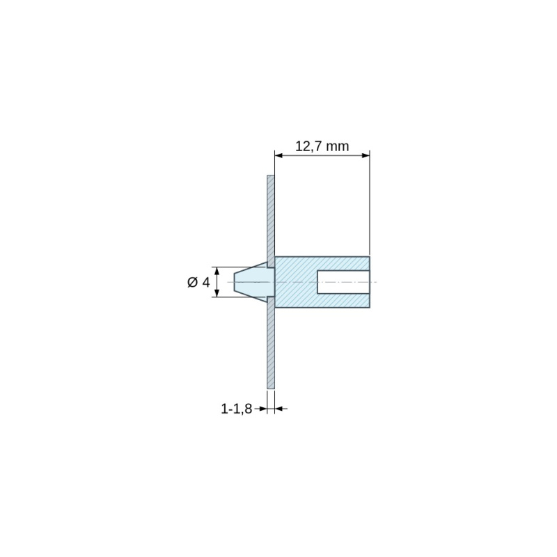 Disegno quotato 12,7 mm, Supporto a scatto per circuito stampato, vite autofilettante Ø3,5, PA6.6 naturale UL94-V2, foro Ø4 mm, circuito 1–1,8 mm