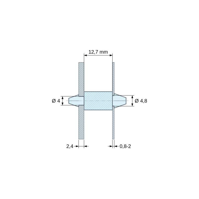 Disegno quotato 12,7 mm, Supporto PCB a doppio innesto, Poliammide PA6.6, naturale, UL94-V2, PCB Ø4/2,4 mm / CH Ø4,8/0,8–2 mm