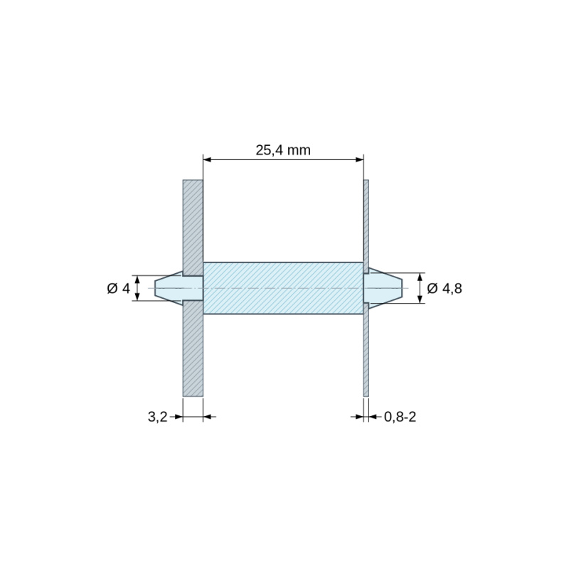 Disegno quotato 25,4 mm, Supporto PCB a doppio innesto, Poliammide PA6.6, naturale, UL94-V2, PCB Ø4/3,2 mm / CH Ø4,8/0,8–2 mm