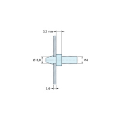 Disegno quotato 3,2 mm, Supporto per circuito stampato a scatto, filettato M4, nylon PA6.6 naturale UL94-V2, foro Ø3,9 mm, circuito 1,6 mm