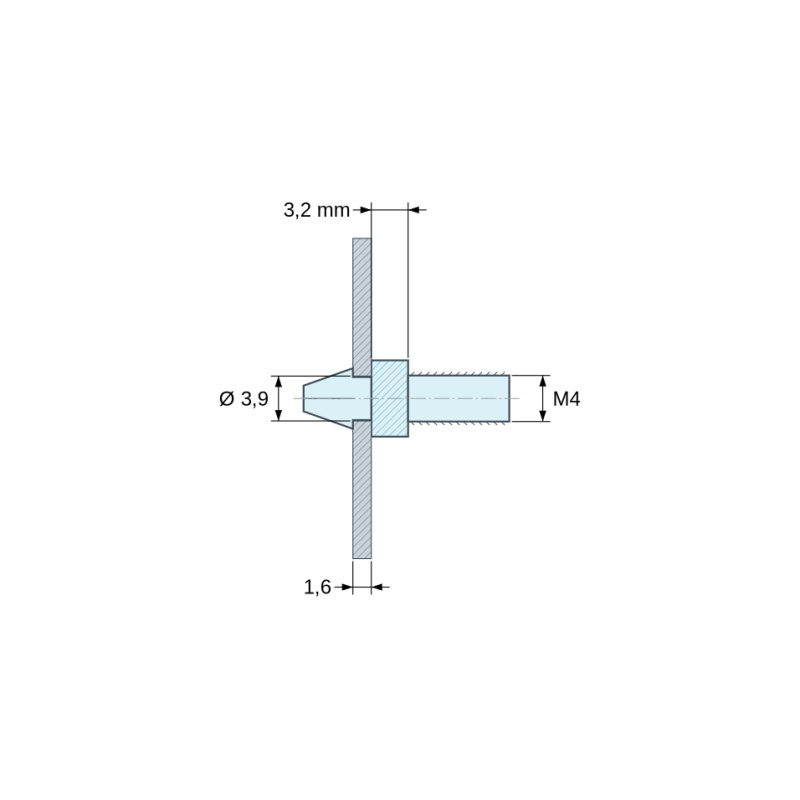 Disegno quotato 3,2 mm, Supporto per circuito stampato a scatto, filettato M4, nylon PA6.6 naturale UL94-V2, foro Ø3,9 mm, circuito 1,6 mm
