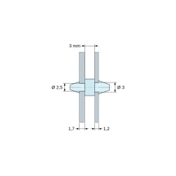 Disegno quotato 3 mm, Supporto PCB a doppio innesto, Poliammide PA6.6, naturale, UL94-V2, PCB Ø2,5/1,7 mm / CH Ø3/1,2 mm