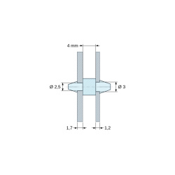 Disegno quotato 4 mm, Supporto PCB a doppio innesto, Poliammide PA6.6, nera, UL94-HB, PCB Ø2,5/1,7 mm / CH Ø3/1,2 mm