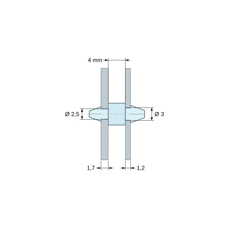 Disegno quotato 4 mm, Supporto PCB a doppio innesto, Poliammide PA6.6, nera, UL94-HB, PCB Ø2,5/1,7 mm / CH Ø3/1,2 mm