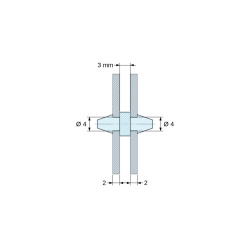 Disegno quotato 3 mm, Supporto PCB a doppio innesto, PA6.6 nero, UL94-HB, foro PCB Ø4 mm, spessore PCB 2 mm