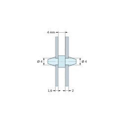 Disegno quotato 4 mm, Supporto PCB a doppio innesto, Poliammide PA6.6, nera, UL94-HB, PCB Ø4/1,6 mm / CH Ø4/2 mm