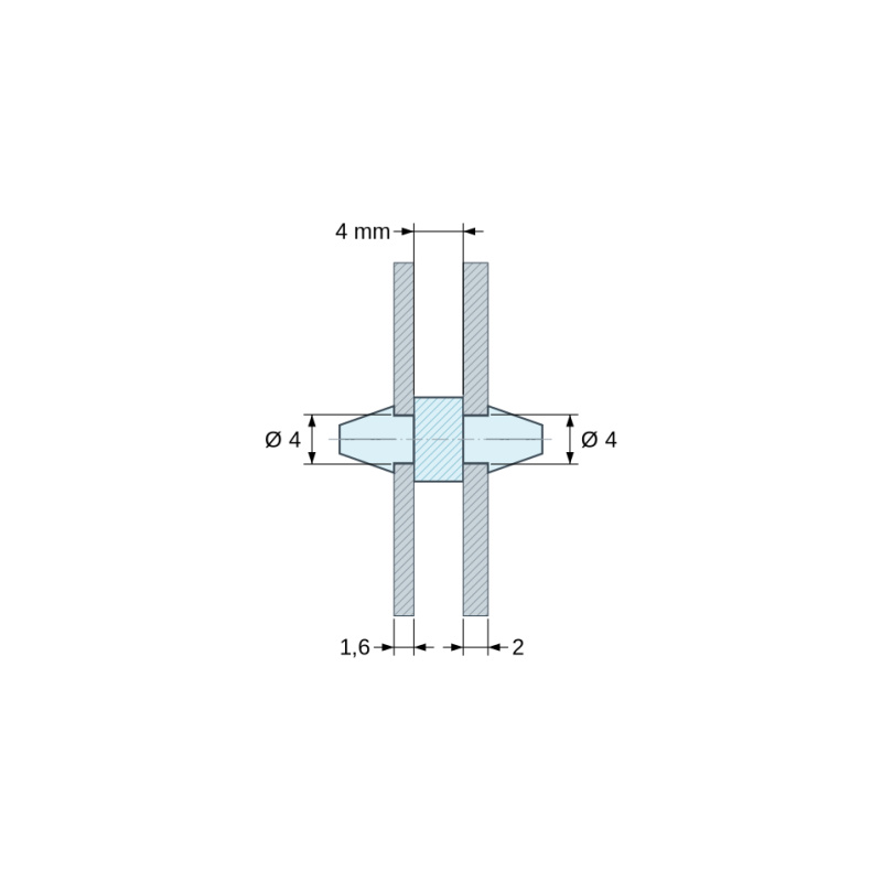 Disegno quotato 4 mm, Supporto PCB a doppio innesto, Poliammide PA6.6, nera, UL94-HB, PCB Ø4/1,6 mm / CH Ø4/2 mm