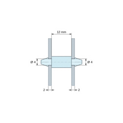Disegno quotato 12 mm, Supporto PCB a doppio innesto, PA6.6 naturale, UL94-HB, foro PCB Ø4 mm, spessore PCB 2 mm
