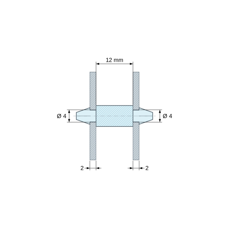 Disegno quotato 12 mm, Supporto PCB a doppio innesto, PA6.6 naturale, UL94-HB, foro PCB Ø4 mm, spessore PCB 2 mm