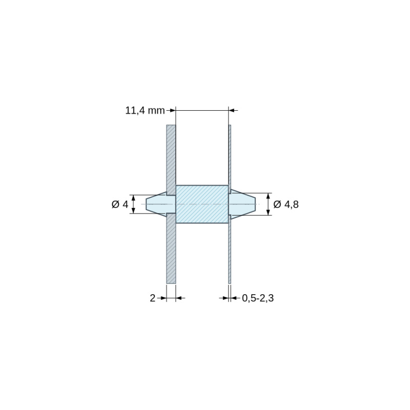 Disegno quotato 11,4 mm, Supporto PCB a doppio innesto, Poliammide PA6.6, naturale, UL94-V2, PCB Ø4/2 mm / CH Ø4,8/0,5–2,3 mm