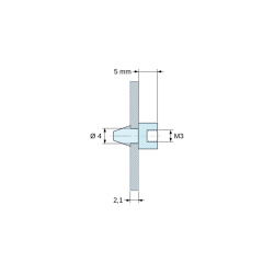 Disegno quotato 5 mm, Supporto per circuito stampato a scatto, con filettatura interna M3, nylon PA6.6 nero UL94-HB, foro Ø4 mm, circuito 2,1 mm